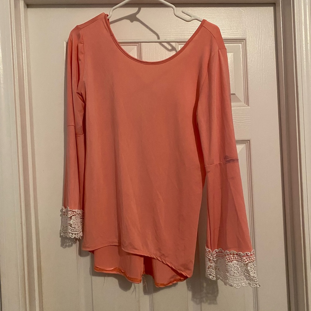 Women's Coral Long Sleeve Lace-Trim Scoop Neck Top